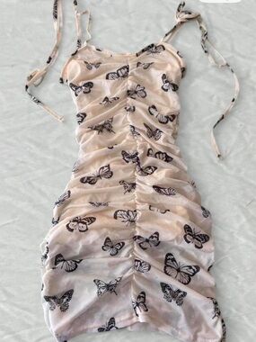 SHEIN Cream Slip Dress with Black Butterfly Print